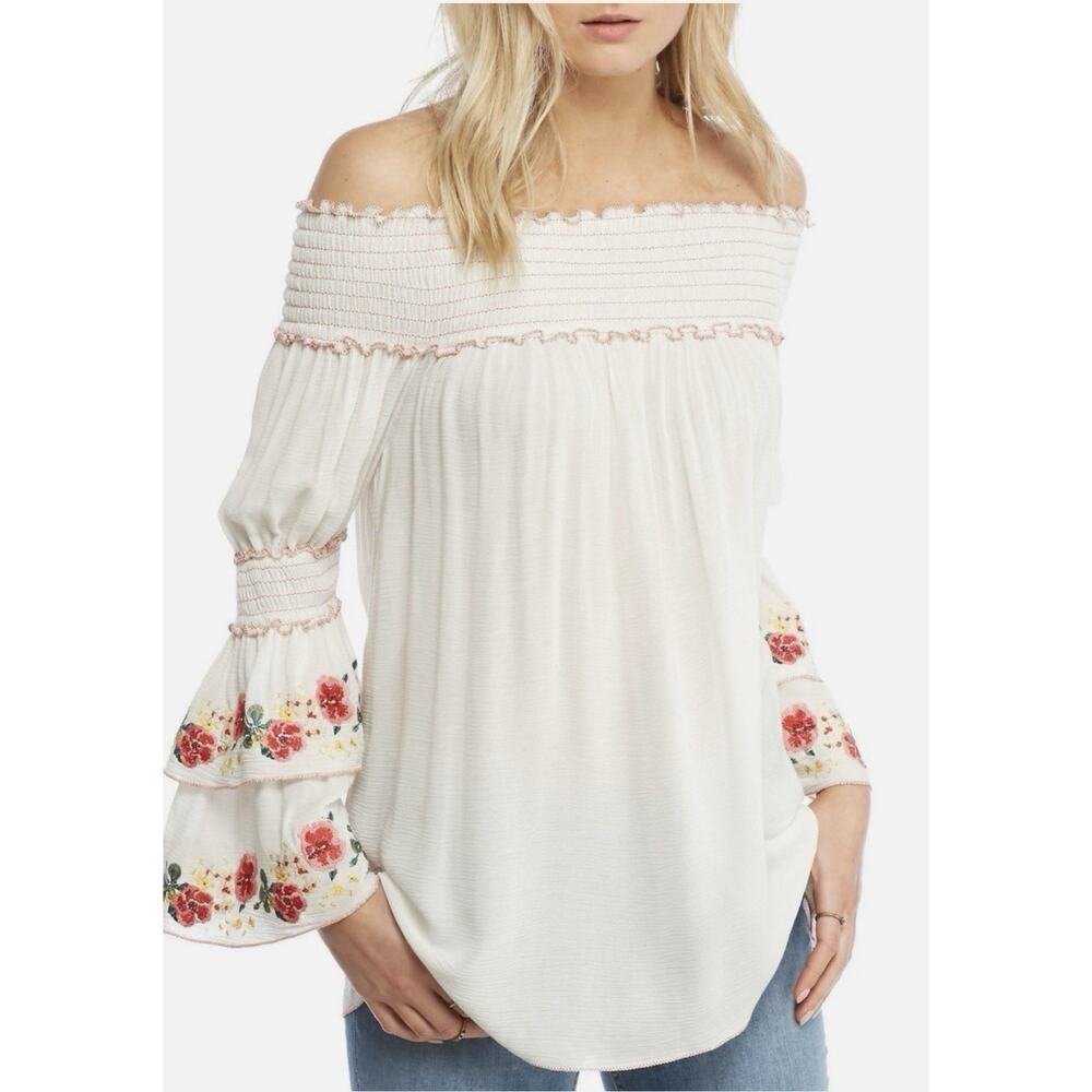 Embroidered Floral Off The Shoulder Smocked Juliette Sleeve Sz Small Gauzy Top